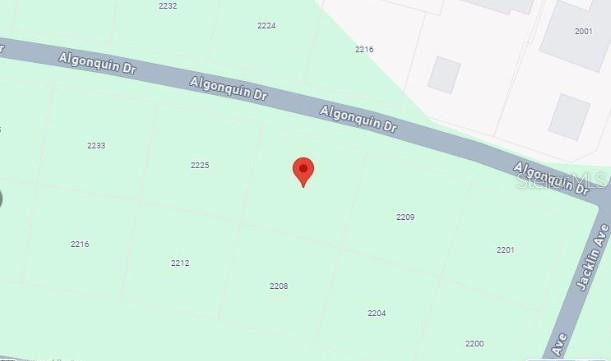 This is a map showing a red location pin on a vacant residential lot — 2217 ALGONQUIN DRIVE, SEBRING, FL