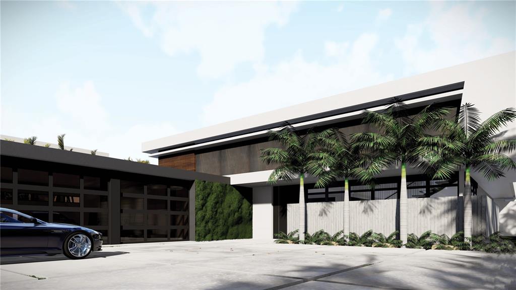 A rendering of a modern home exterior featuring a garage, palm trees, and concrete driveway — 6 DORADO PLANTATION, DORADO, PR