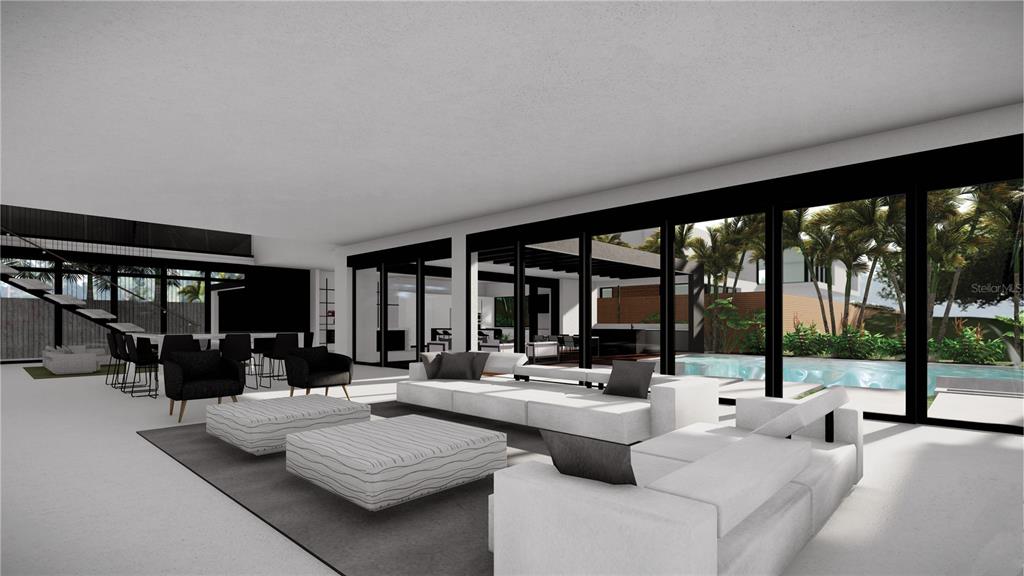 This rendering shows a modern living room with floor-to-ceiling windows overlooking a swimming pool — 6 DORADO PLANTATION, DORADO, PR