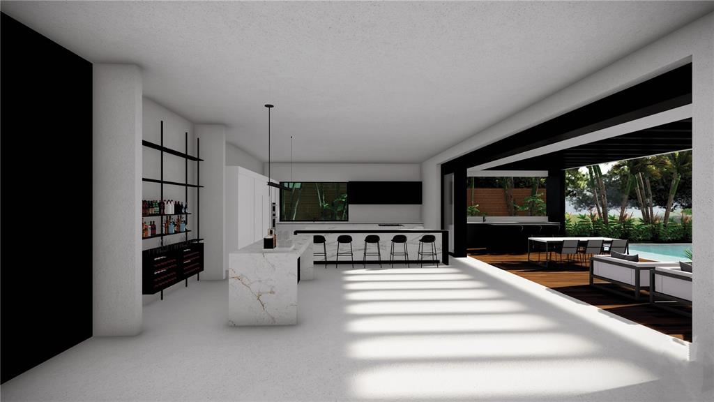 This rendering shows a modern open-concept kitchen and dining area with marble islands and outdoor access — 6 DORADO PLANTATION, DORADO, PR
