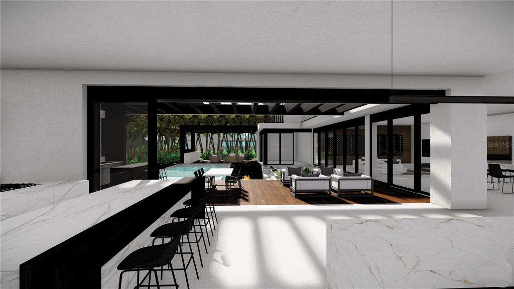 This rendering shows a modern kitchen with marble counters overlooking an outdoor patio and pool — 6 DORADO PLANTATION, DORADO, PR