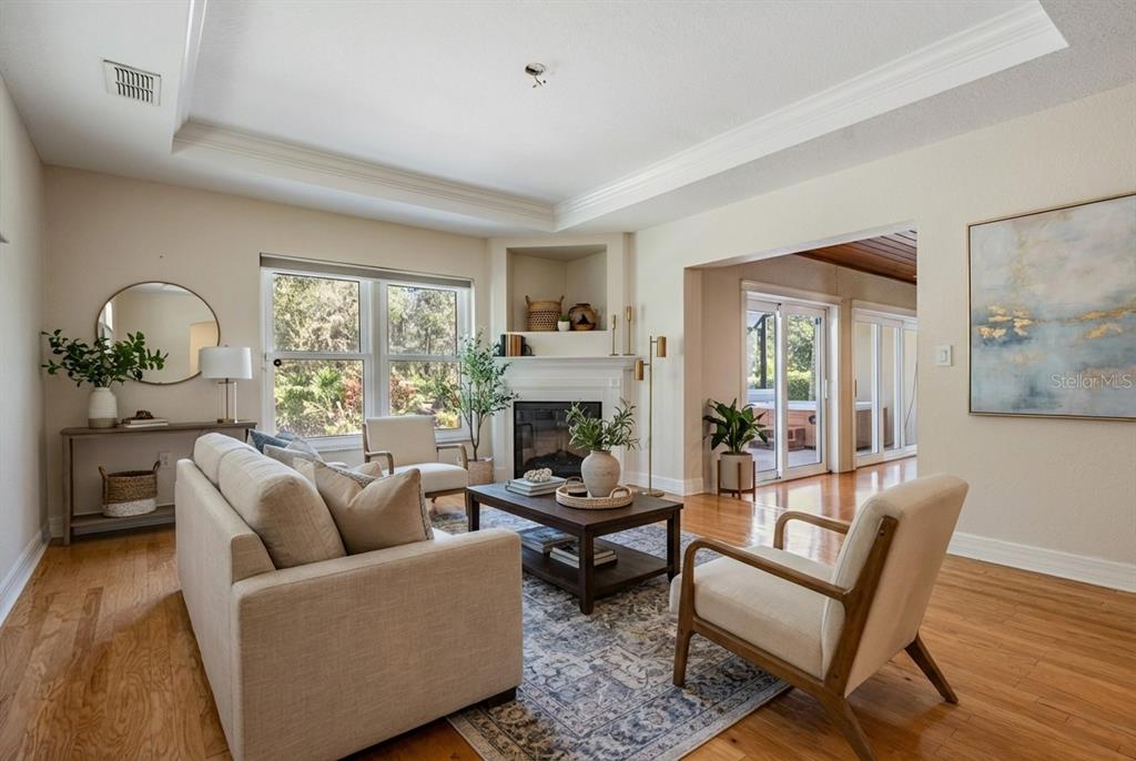 A living room features a fireplace, hardwood floors, a sofa, and two armchairs — 10133 COLLAR DRIVE, SAN ANTONIO, FL