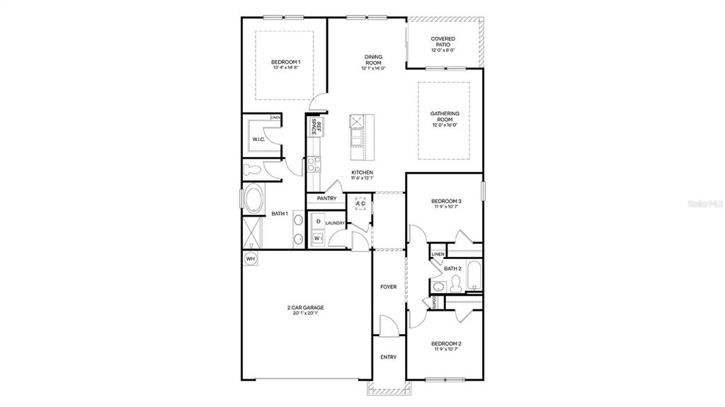 This is a floor plan for a single-story home with three bedrooms and a garage — 157 SPRINGWOOD DRIVE, PALM COAST, FL