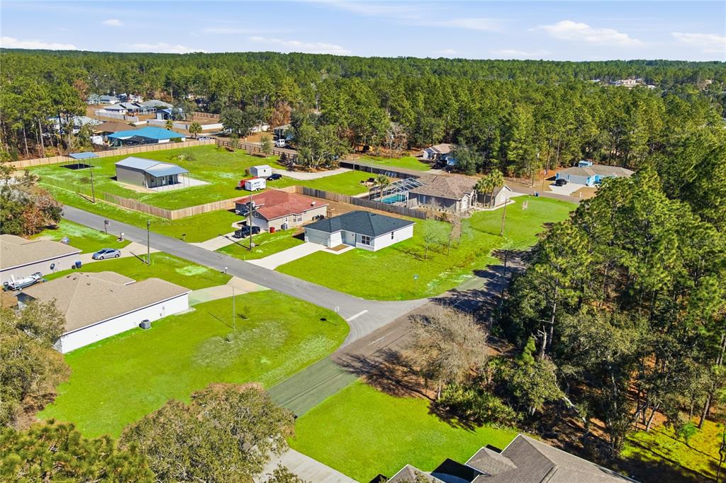 An aerial view shows several suburban houses with large yards surrounded by dense pine forests — 7109 N TAVOLI TERRACE, CITRUS SPRINGS, FL
