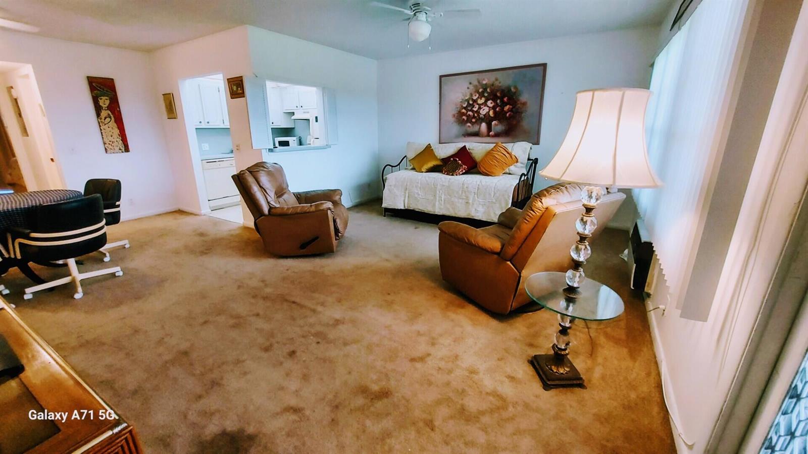 A living room features brown carpet, two leather recliners, a daybed, and a floor lamp — 160 Preston D # 160, Boca Raton FL 33434, BOCA RATON, FL