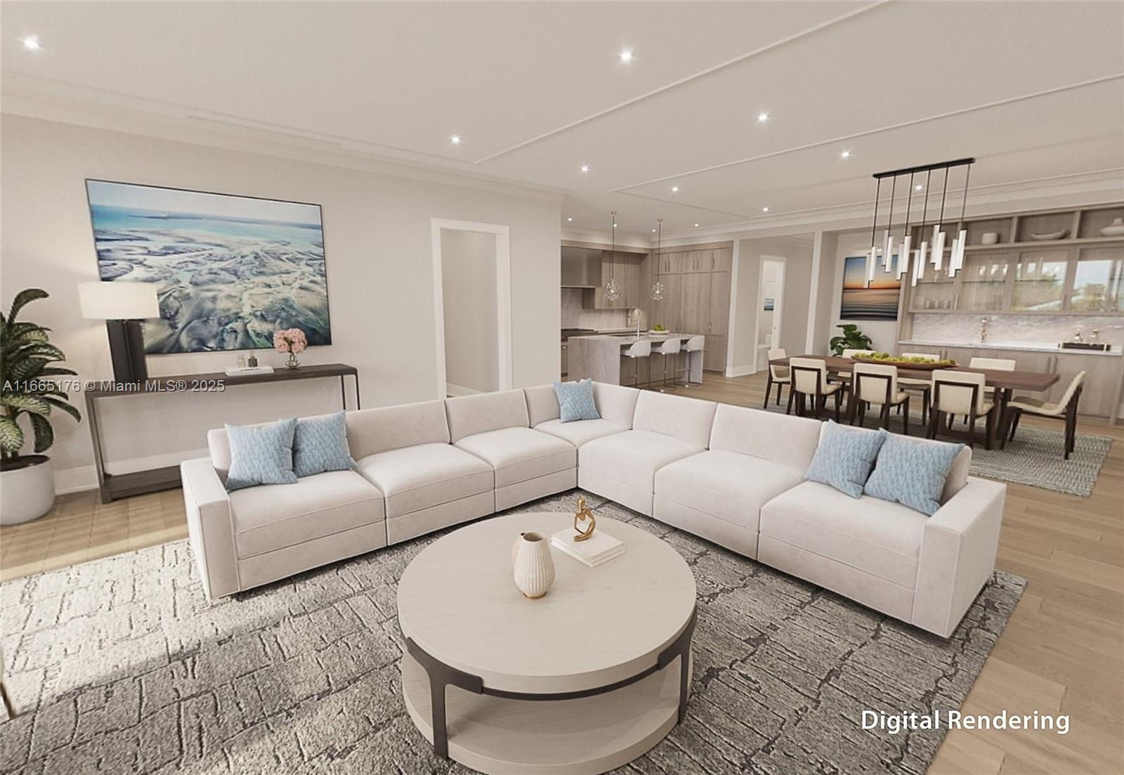 This digital rendering shows an open-concept living and dining area with modern neutral furniture — 1011 US Highway One # B203, Juno Beach FL 33408, JUNO BEACH, FL