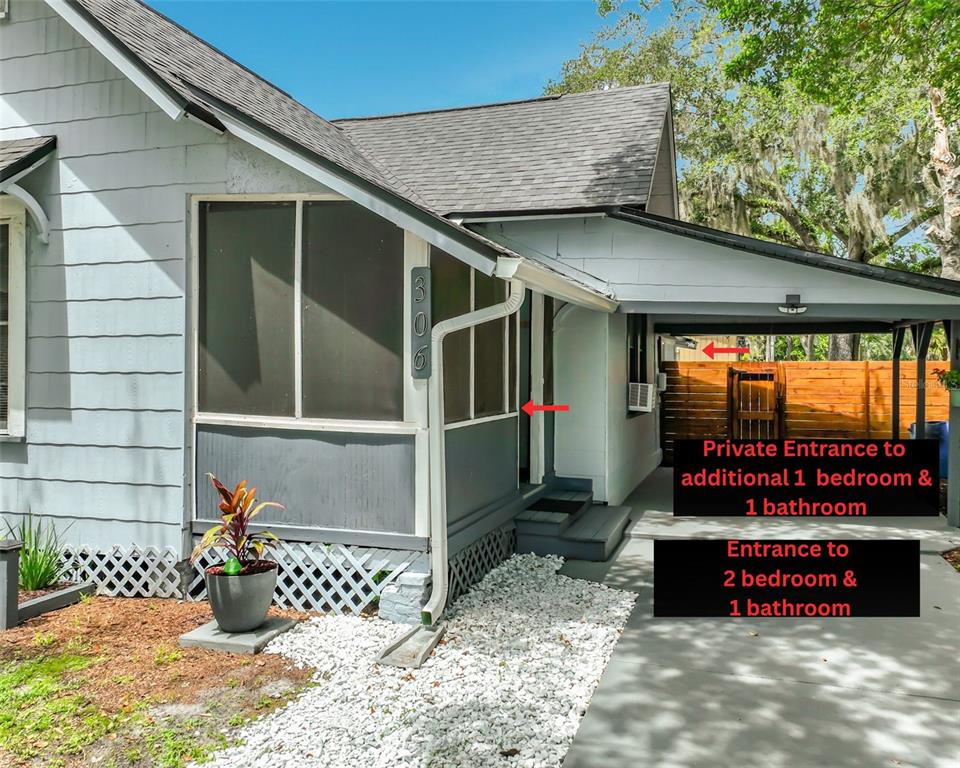 The exterior of a house shows two separate entrances with text labels indicating additional living spaces — 306 S ELM AVENUE, SANFORD, FL