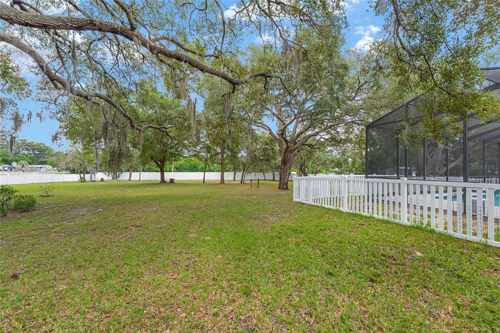 A large grassy backyard features mature oak trees and a white fence enclosing a pool — 4611 N RUSHMORE LOOP, BEVERLY HILLS, FL