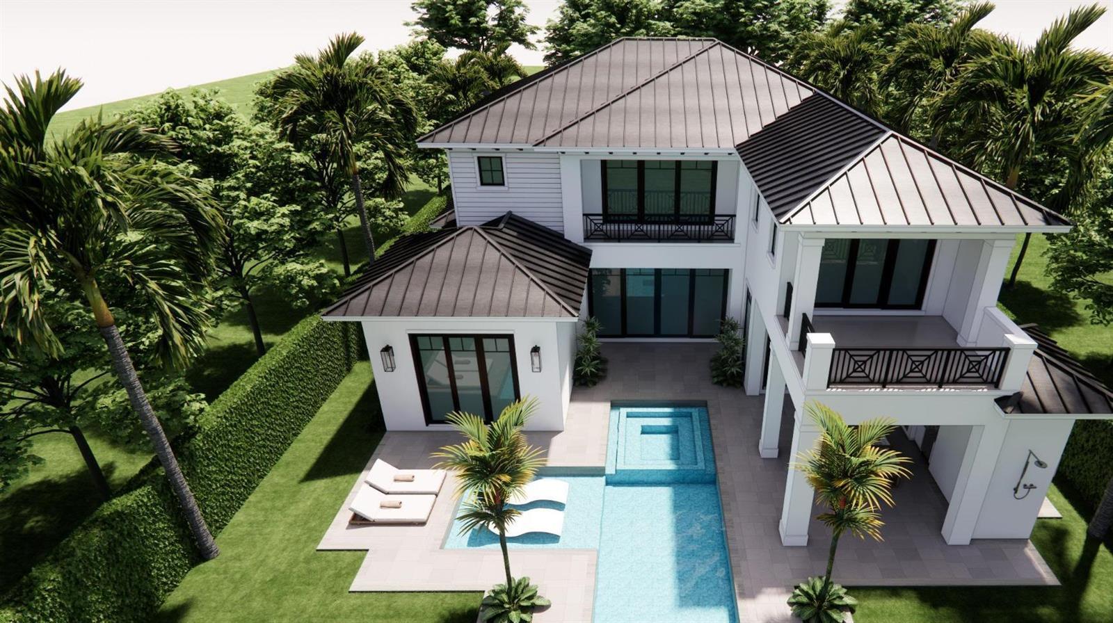 This architectural rendering shows a two-story house with a pool, patio, and palm trees — 633 Kingfish Road, North Palm Beach FL 33408, NORTH PALM BEACH, FL