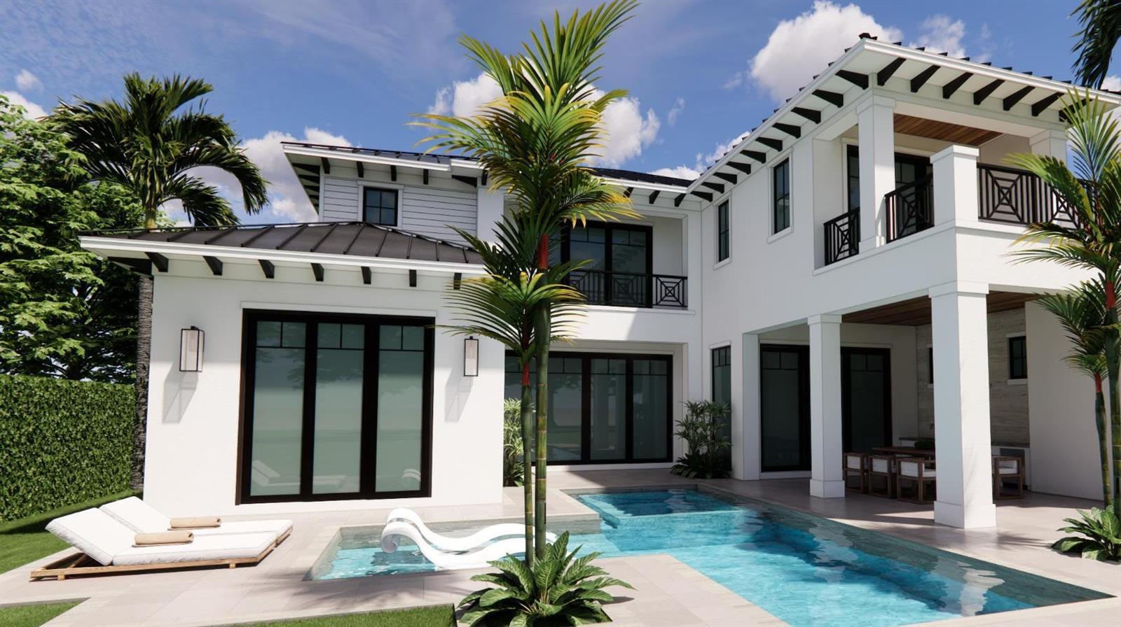 This rendering shows the exterior of a white two-story house with a pool and patio — 633 Kingfish Road, North Palm Beach FL 33408, NORTH PALM BEACH, FL