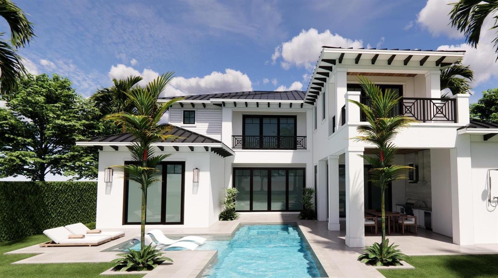 This architectural rendering shows the rear exterior of a modern white house with a pool — 633 Kingfish Road, North Palm Beach FL 33408, NORTH PALM BEACH, FL