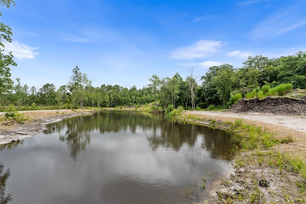 A small pond sits in a clearing surrounded by trees and dirt banks — 5753 RETREAT ROAD, KEYSTONE HEIGHTS, FL
