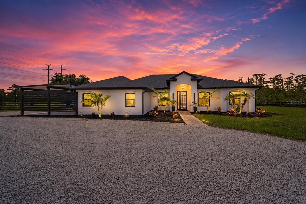 An aerial view shows a house with a pool and a detached garage on a lot — 20802 PADDOCK STREET, ORLANDO, FL