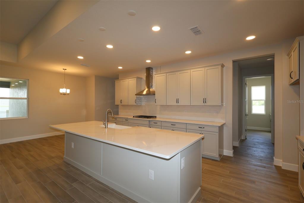 A modern kitchen features light-colored cabinetry, a large center island, and stainless steel appliances — 3177 WOLF LAKE AVENUE, APOPKA, FL