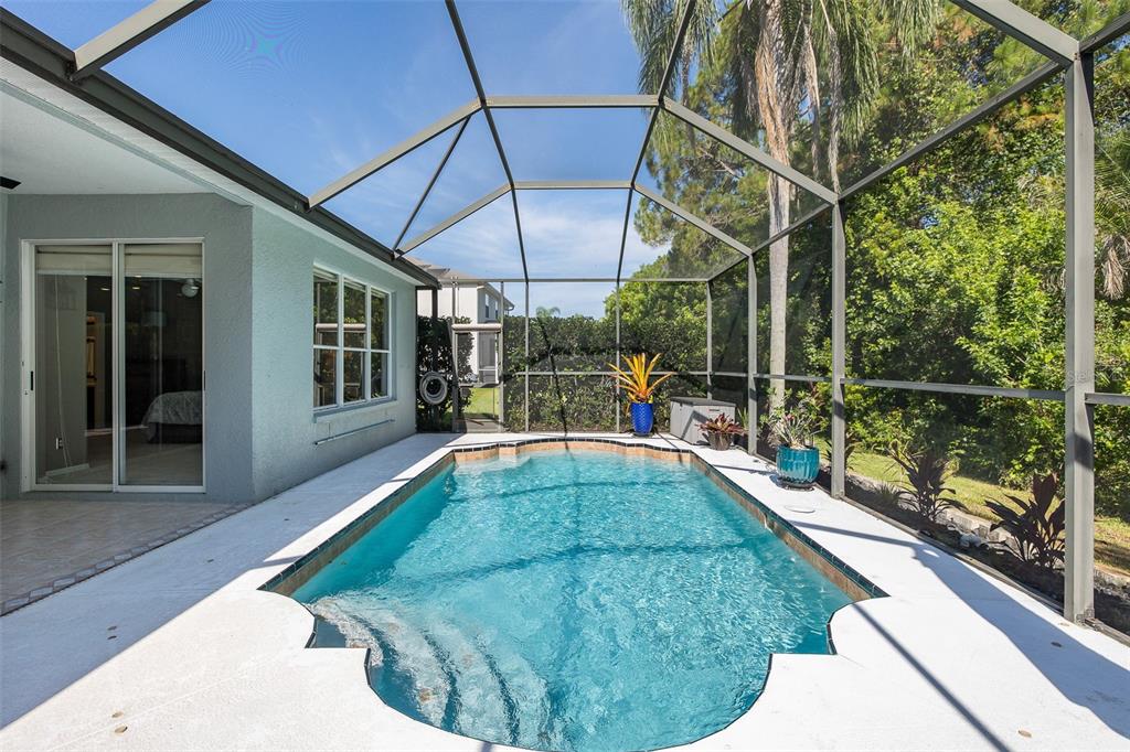 A swimming pool with steps is enclosed by a screened lanai next to a house — 12709 WESTWOOD LAKES BOULEVARD, TAMPA, FL