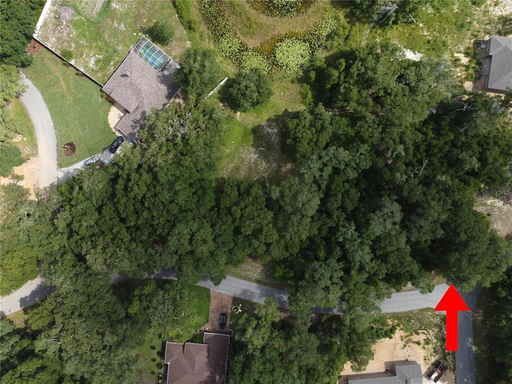 This aerial view shows a wooded residential lot with a red arrow indicating the property — 5078 WESTLAKE BOULEVARD, DADE CITY, FL
