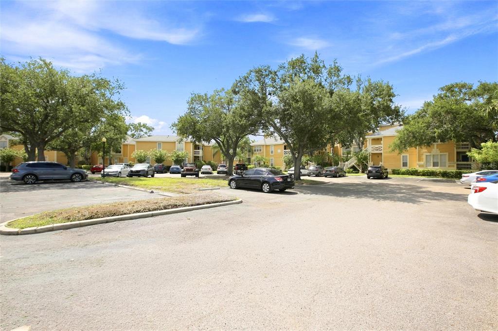A parking lot sits in front of yellow apartment buildings surrounded by mature trees — 115 112TH AVENUE NE UNIT 307, ST PETERSBURG, FL