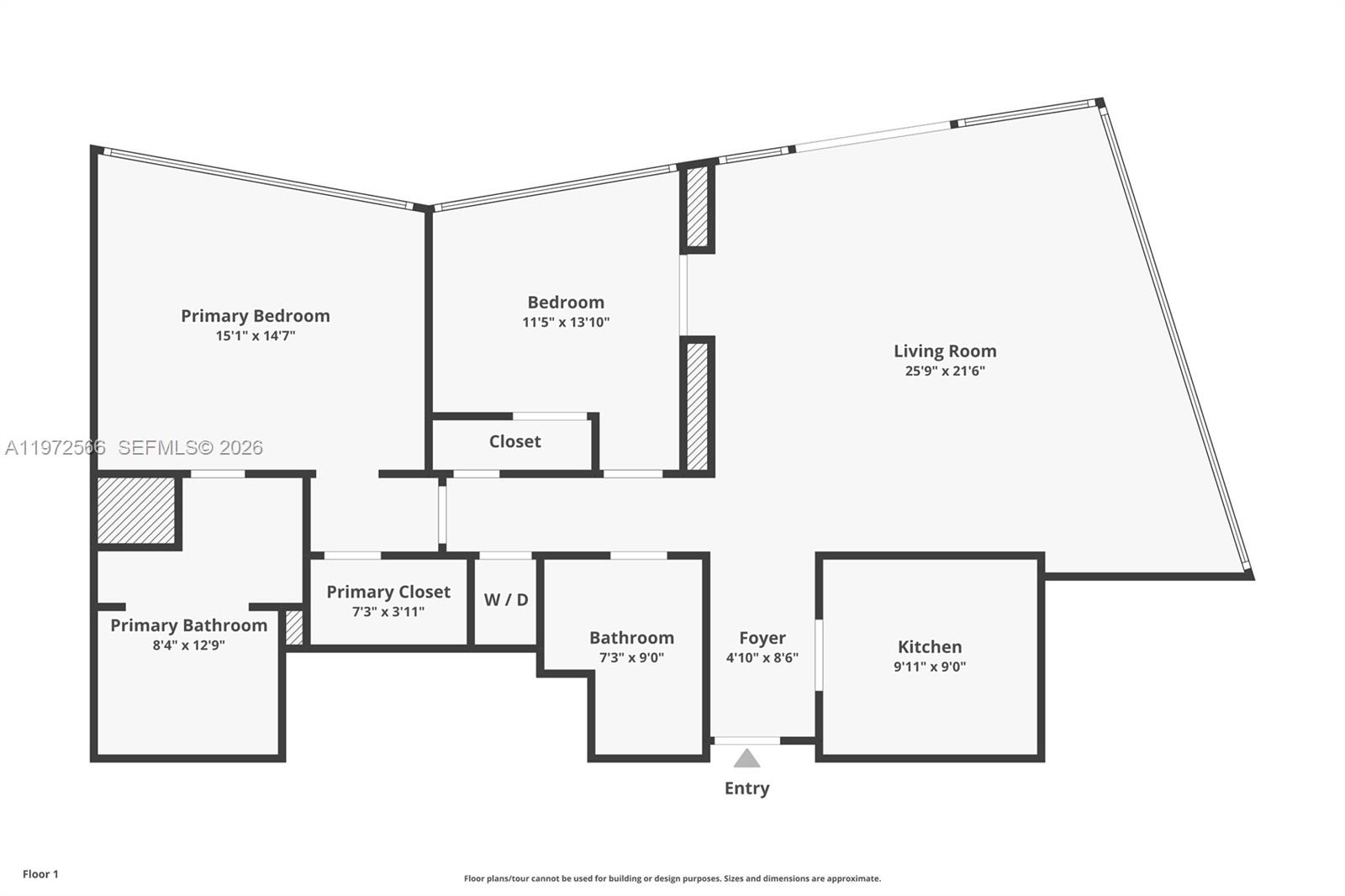 This is a floor plan for a two-bedroom apartment with two bathrooms and a kitchen — 101 20th St # 3806, Miami Beach FL 33139, MIAMI BEACH, FL