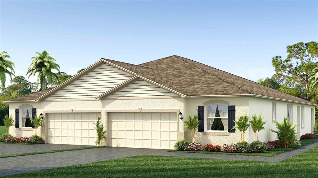 This is a digital rendering of a single-story duplex with two garages and stucco siding — 18338 TAVERNSIDE TRAIL, LAKEWOOD RANCH, FL