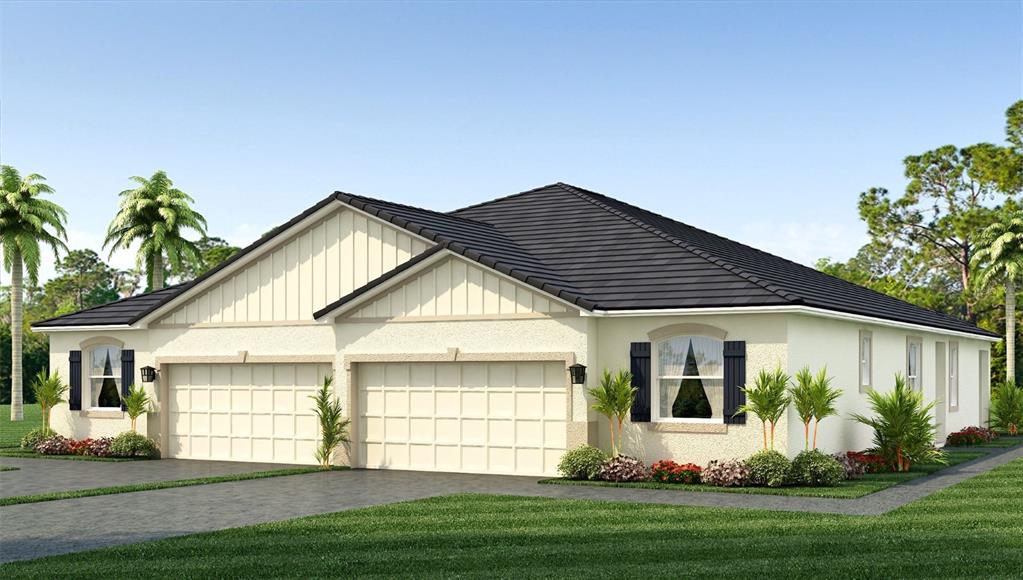 This is a digital rendering of a duplex home with two garages and a tiled roof — 18338 TAVERNSIDE TRAIL, LAKEWOOD RANCH, FL