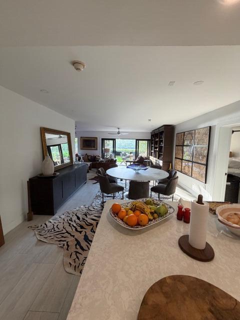 A modern open-concept dining and living area features a large table, sideboard, and tiger-print rug — 3605 S Ocean Boulevard, South Palm Beach FL 33480, SOUTH PALM BEACH, FL