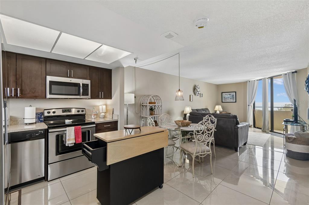 A kitchen with dark cabinets and stainless appliances opens to a dining area and living room — 5915 SEA RANCH DRIVE UNIT 611, HUDSON, FL
