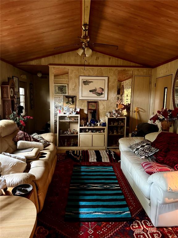 A living room features wood-paneled walls, a ceiling fan, and two sofas facing a central rug — 11710 NE 222ND LANE, FORT MC COY, FL