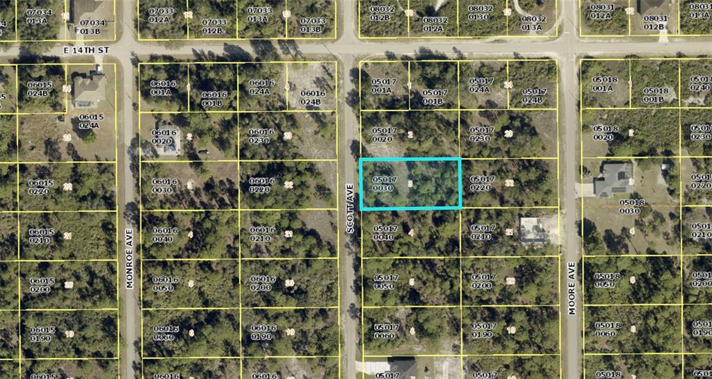 This is a satellite map showing a highlighted rectangular parcel of land — 1318 SCOTT AVENUE, LEHIGH ACRES, FL