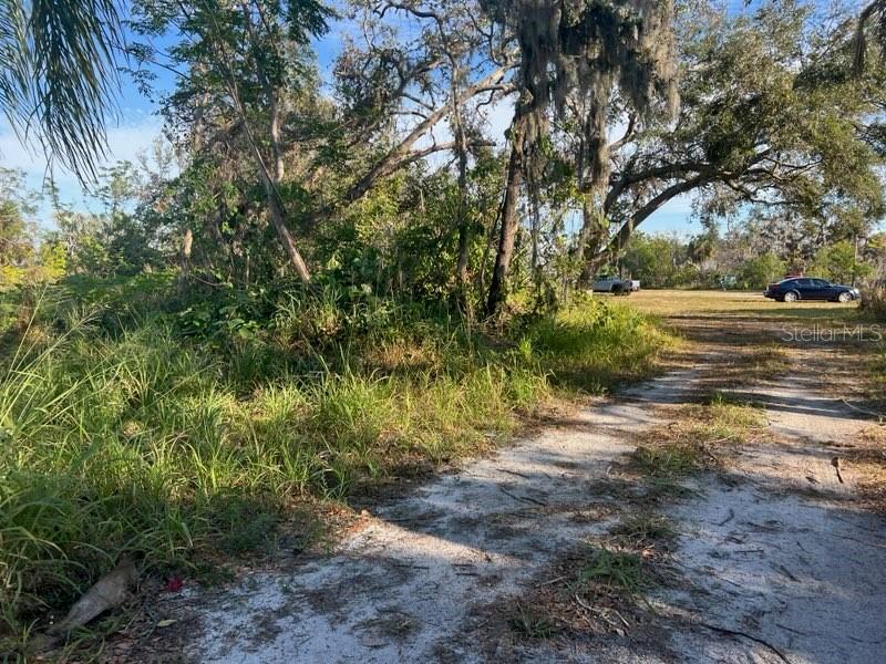 A dirt path leads toward a wooded area with tall trees and a parked car — 4122 N LOCKWOOD RIDGE ROAD, SARASOTA, FL
