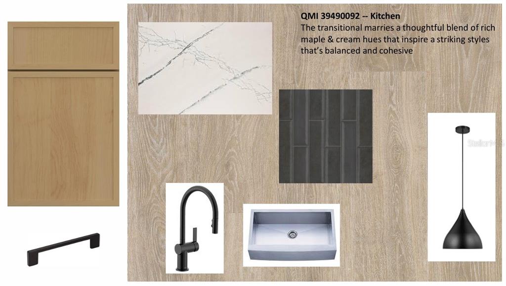 This design board displays kitchen finishes including wood cabinets, marble countertops, dark tile, and fixtures — 17676 FOXTAIL LOOP, VENICE, FL