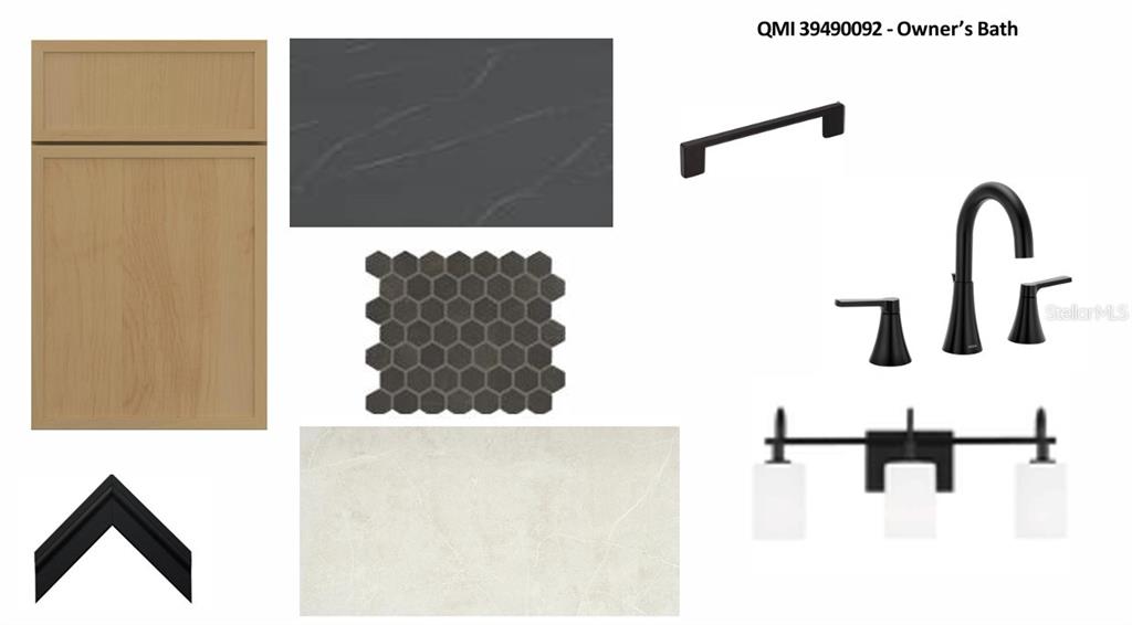 This design board for an owner's bath displays cabinetry, tile, hardware, and plumbing fixture samples — 17676 FOXTAIL LOOP, VENICE, FL