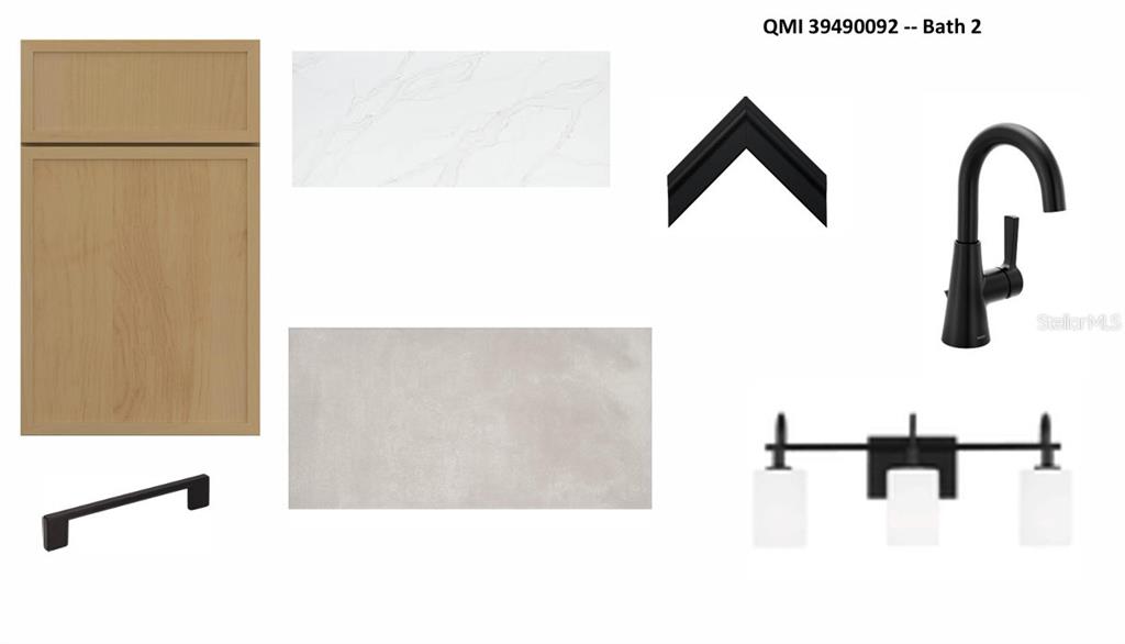 This design board displays finishes for a bathroom, including cabinetry, countertops, tile, and fixtures — 17676 FOXTAIL LOOP, VENICE, FL