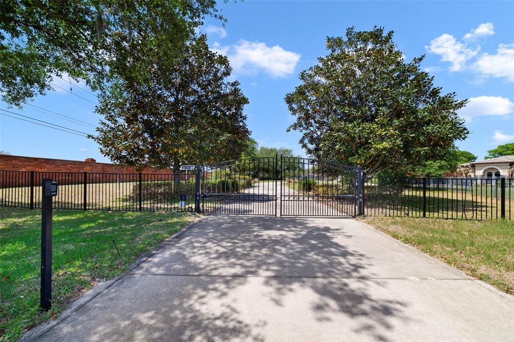 A paved driveway leads to a black metal gate flanked by two large trees — 3308 LUKAS COVE, ORLANDO, FL