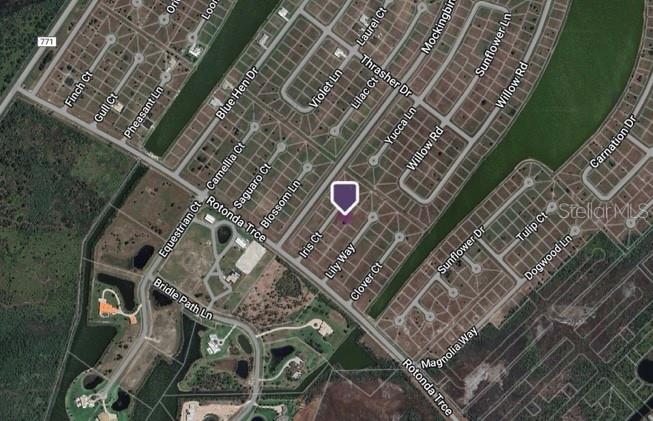 This is an aerial map view of a residential neighborhood with streets and vacant lots — 12 IRIS COURT, PLACIDA, FL