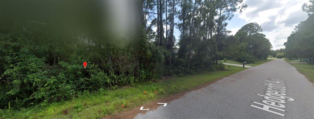 A red map pin marks a wooded, undeveloped residential lot along a paved street — HEDGECOTH AVENUE, NORTH PORT, FL