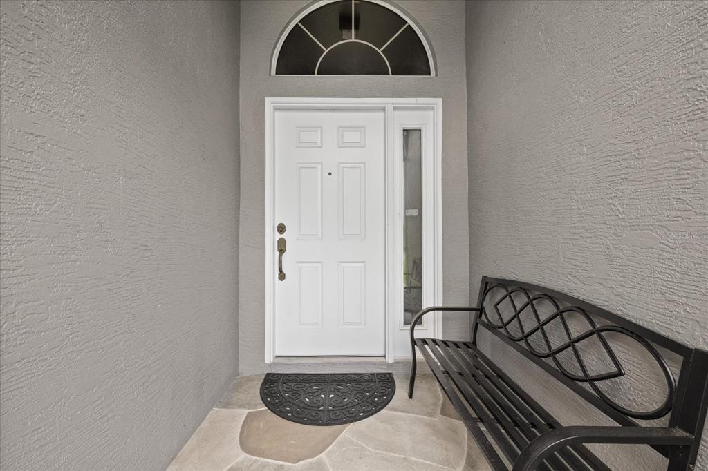 A white front door with a side window and arched transom sits on a stone porch — 3251 SCORECARD DRIVE, NEW PORT RICHEY, FL
