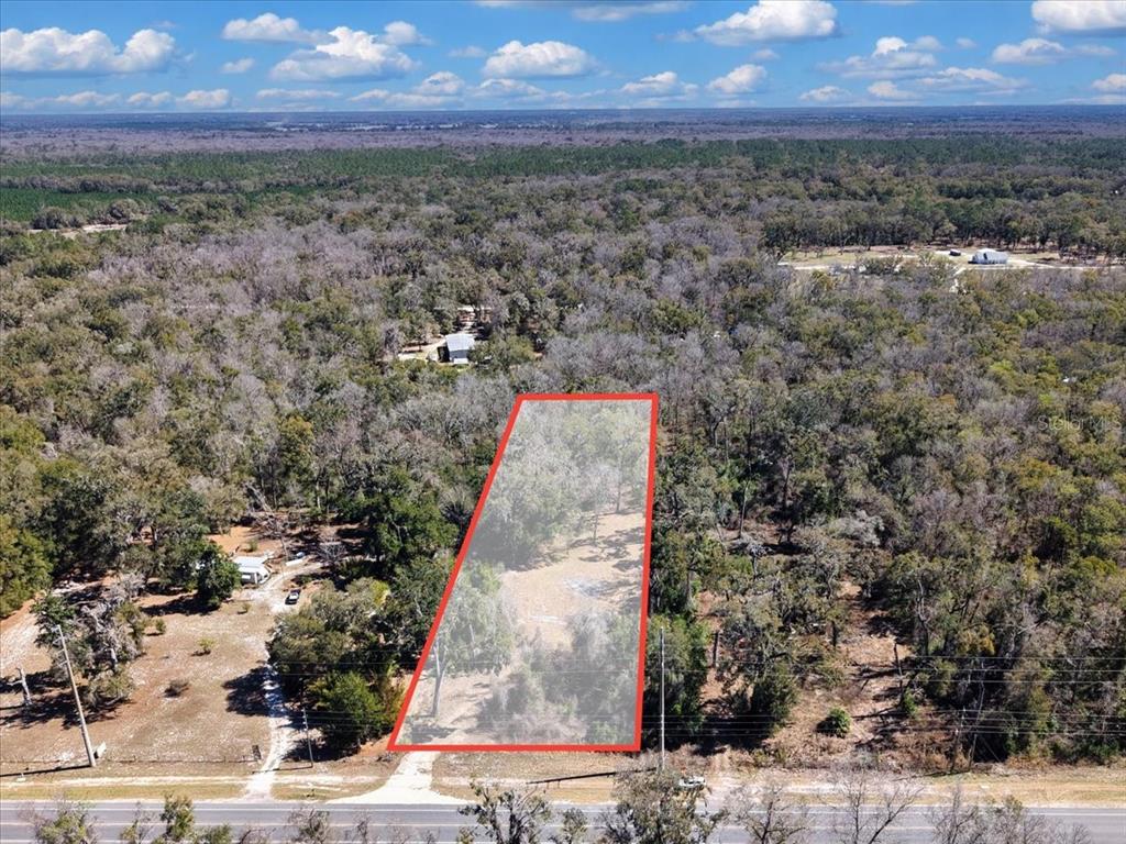 An aerial view shows a rectangular, wooded lot outlined in red along a paved road — 4912 NE HIGHWAY 349, OLD TOWN, FL