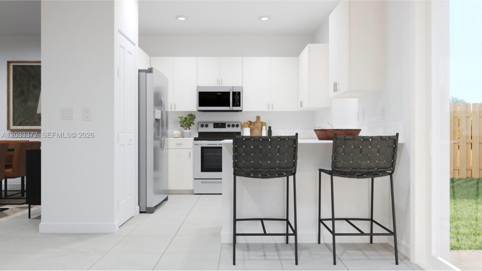 This rendering shows a modern kitchen with white cabinets, stainless steel appliances, and bar seating — 2980 SE 25 RD, Homestead FL 33035, HOMESTEAD, FL