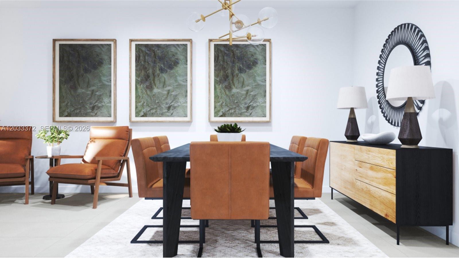 This rendering shows a dining room with a dark table, tan chairs, and wall art — 2980 SE 25 RD, Homestead FL 33035, HOMESTEAD, FL
