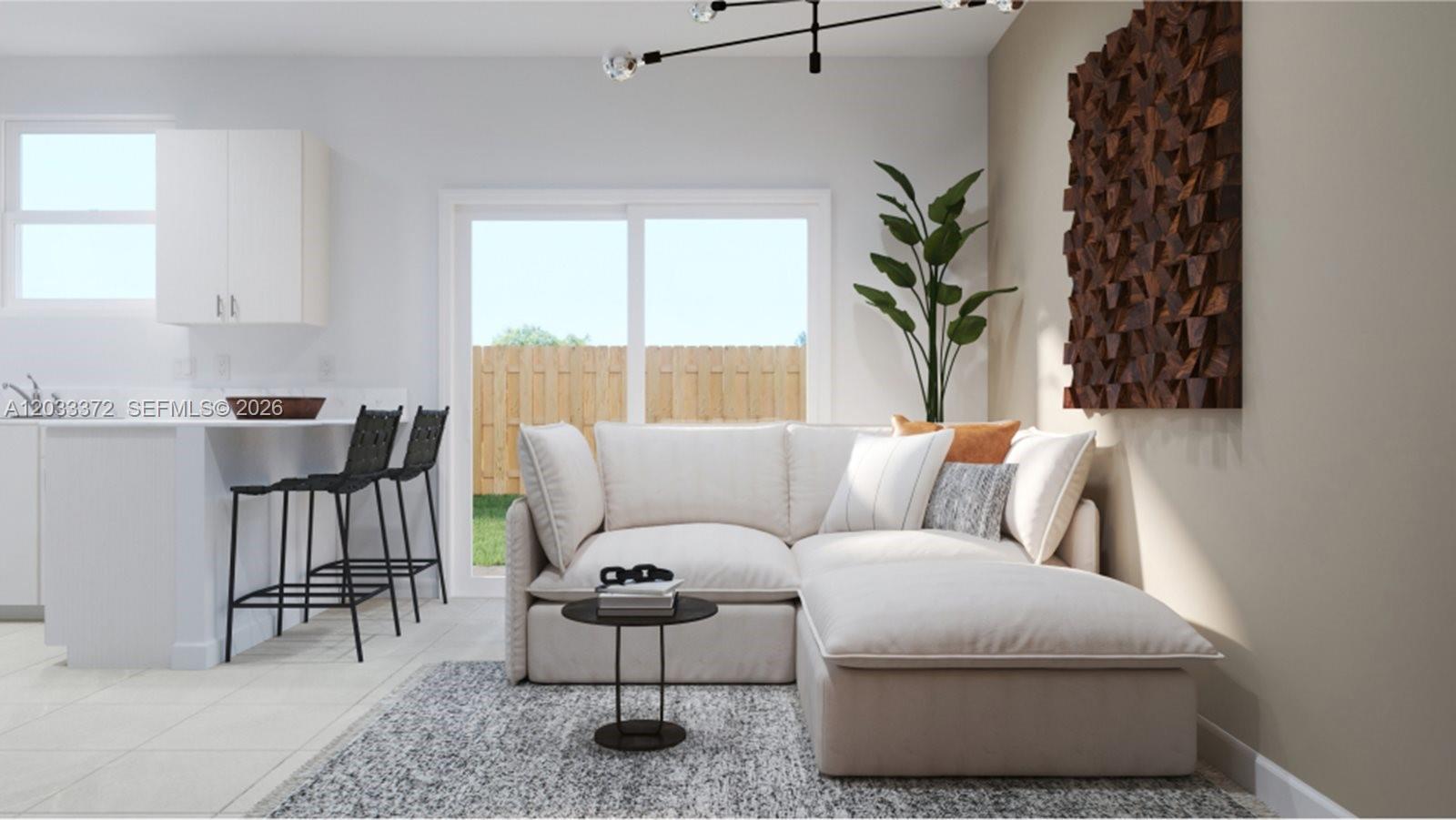 This rendering shows a living area with a sectional sofa, rug, and kitchen bar stools — 2980 SE 25 RD, Homestead FL 33035, HOMESTEAD, FL