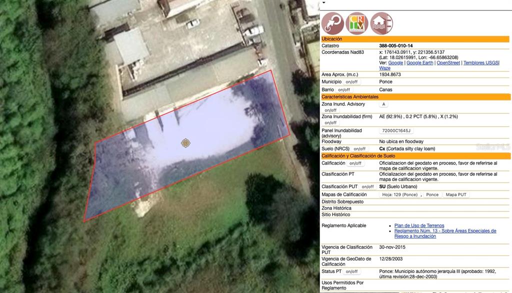 This is a map showing a land parcel highlighted in blue with property data — PR 132 km 22.4 BO CANAS, PONCE, PR