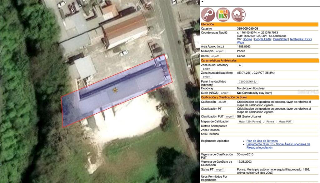 This map shows a property parcel highlighted in blue with its corresponding land use data — PR 132 km 22.4 BO CANAS, PONCE, PR