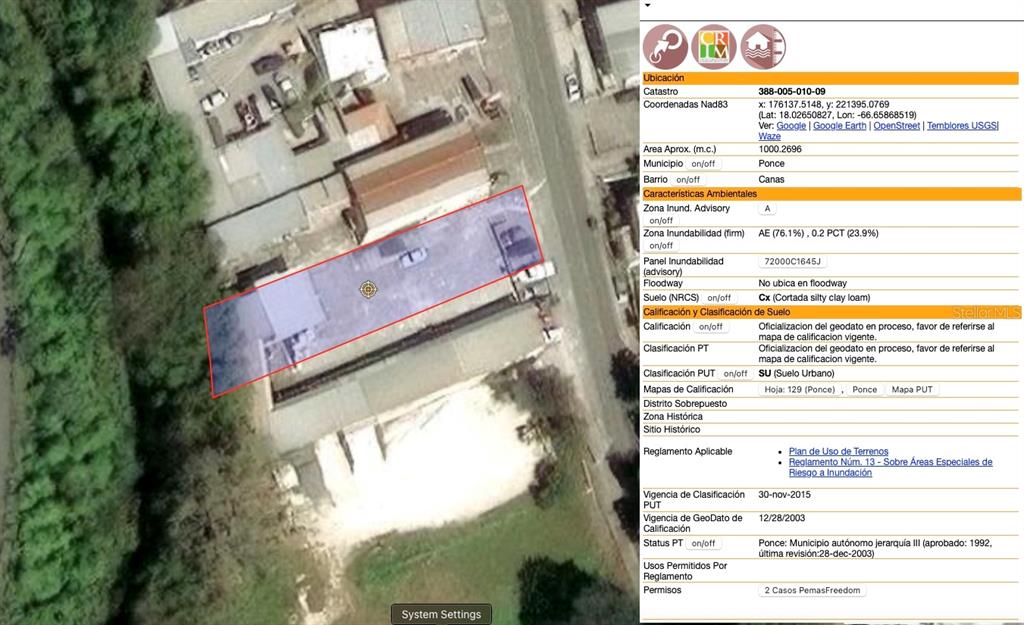 This image shows a satellite map view of a property with an accompanying data table — PR 132 km 22.4 BO CANAS, PONCE, PR