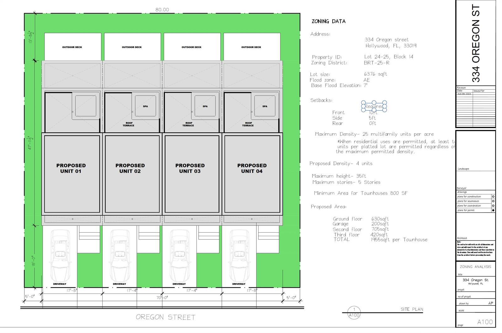This is a site plan rendering showing four proposed townhouses with driveways and roof terraces — 334 Oregon Street, Hollywood FL 33019, HOLLYWOOD, FL