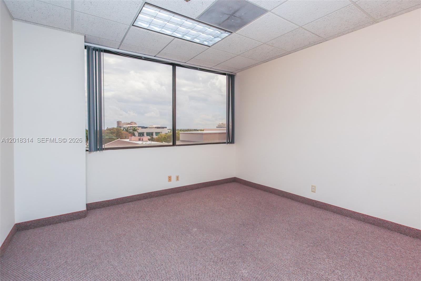 An empty office with beige walls, mauve carpeting, a drop ceiling, and a large window — 1900 Glades Rd # 430, Boca Raton FL 33431, BOCA RATON, FL