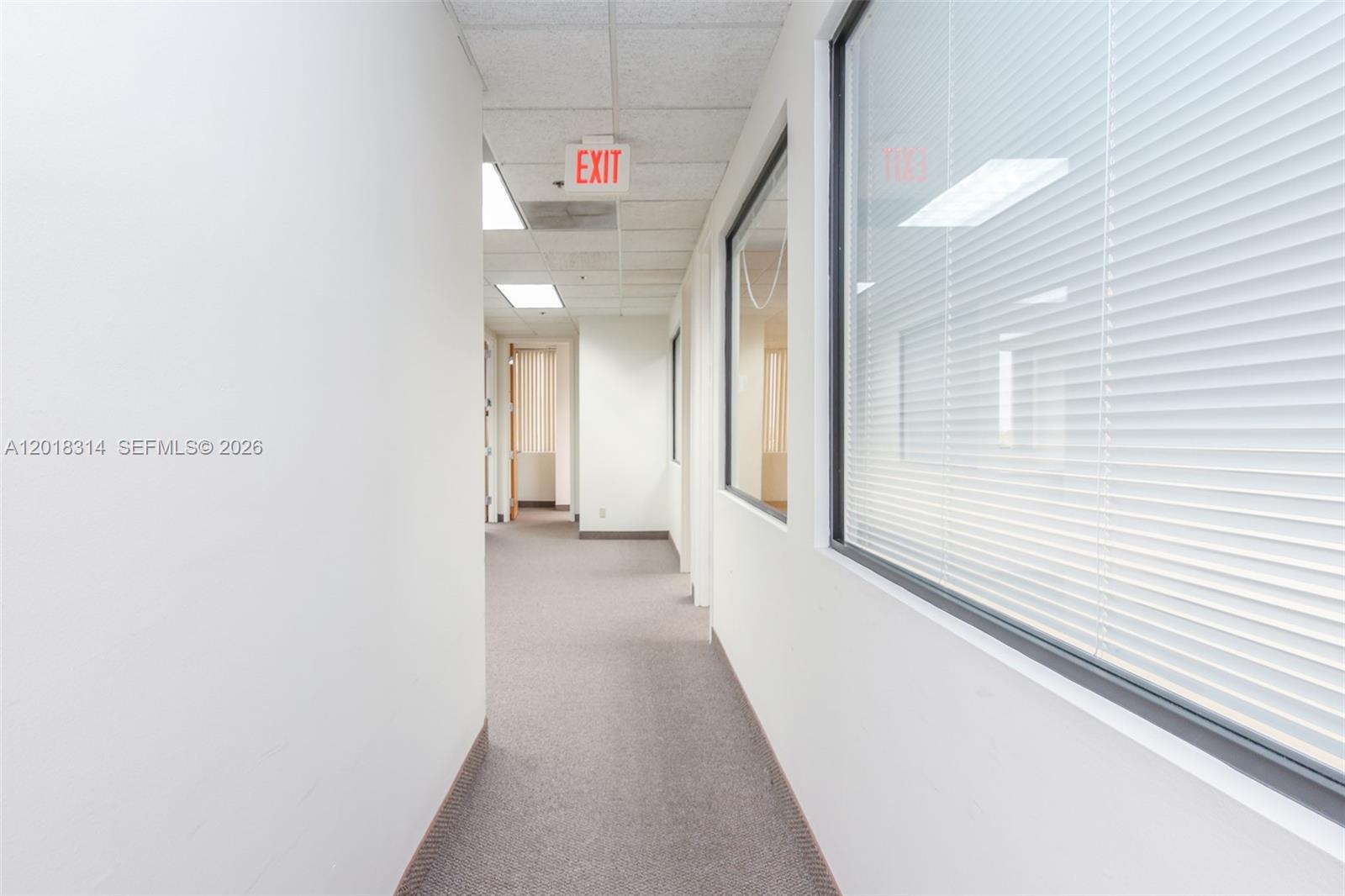 A narrow office hallway features white walls, gray carpeting, and a drop ceiling with lights — 1900 Glades Rd # 430, Boca Raton FL 33431, BOCA RATON, FL