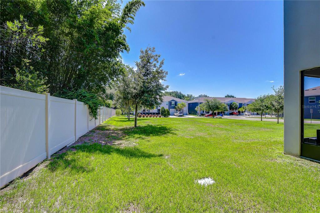 A grassy backyard area features a white vinyl fence and a view of neighboring houses — 3143 PLEASANT WILLOW COURT, BRANDON, FL