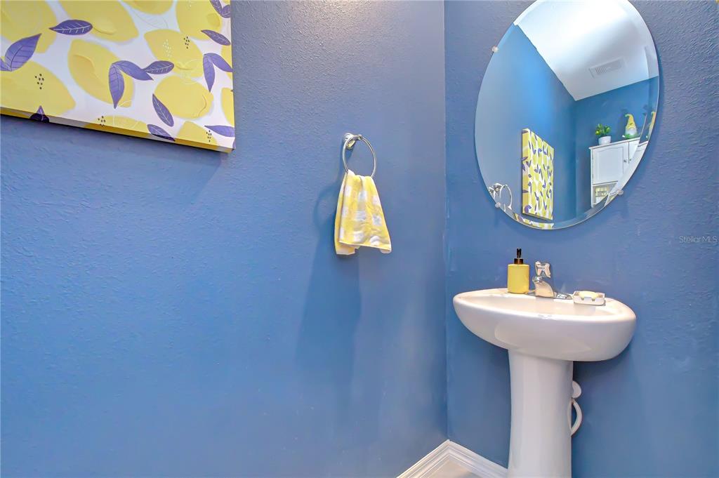 A blue powder room features a pedestal sink, an oval mirror, and lemon-themed wall art — 3143 PLEASANT WILLOW COURT, BRANDON, FL