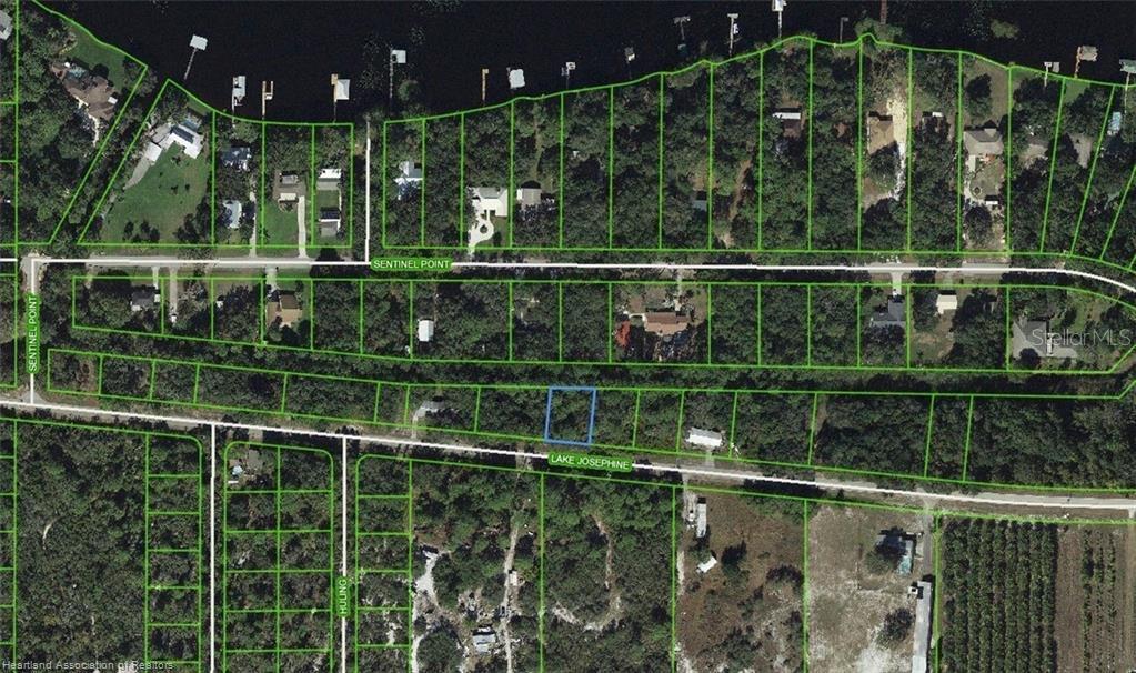 This is an aerial map showing a highlighted vacant lot along a residential road — 1790 LAKE JOSEPHINE DRIVE, SEBRING, FL