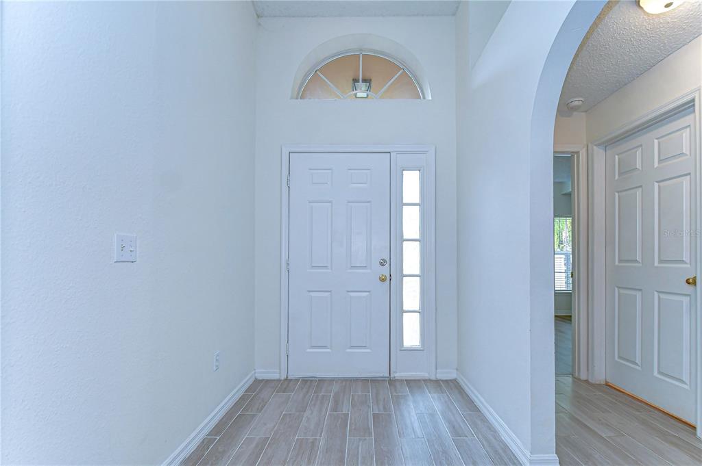 A bright entryway features a white front door with a sidelight, arched transom, and tile flooring — 18303 ELMHURST LANE, TAMPA, FL